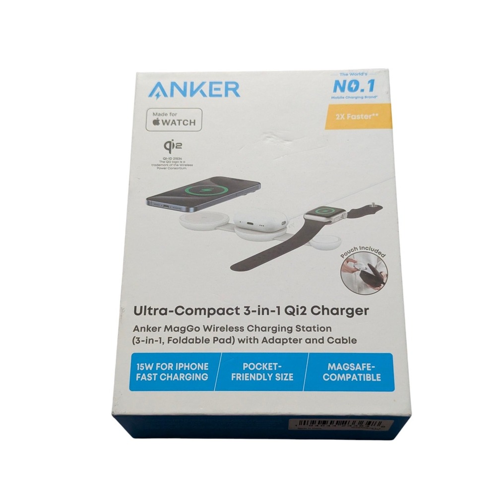 Oo7O Anker Ultra Compact 3 In 1 Wireless Charging Station Foldable W/Pouch White